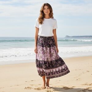 Greeta Pink & Purple Floral Cotton Elastic Skirt